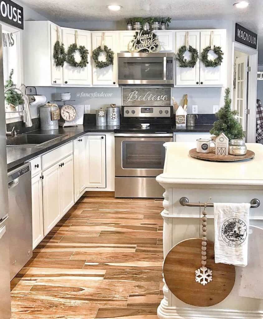 farmhouse decor above kitchen cabinets