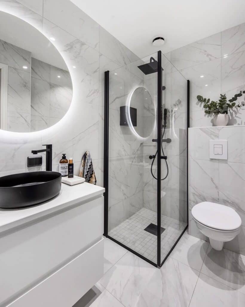 White Bathroom with Black Accents