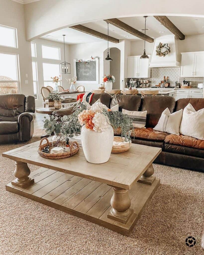 Agreeable Gray Farmhouse Living Room with Brown Couch