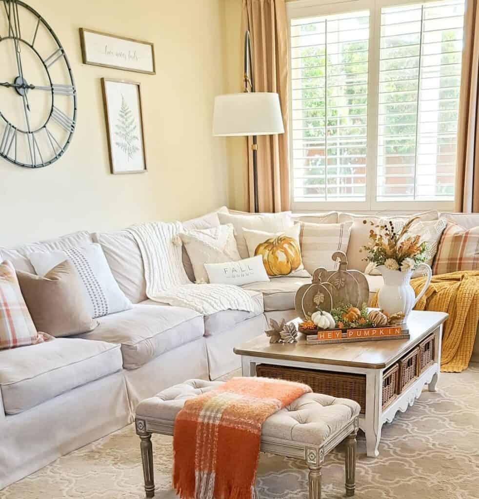 Farmhouse living room with a rectangular coffee table and sectional