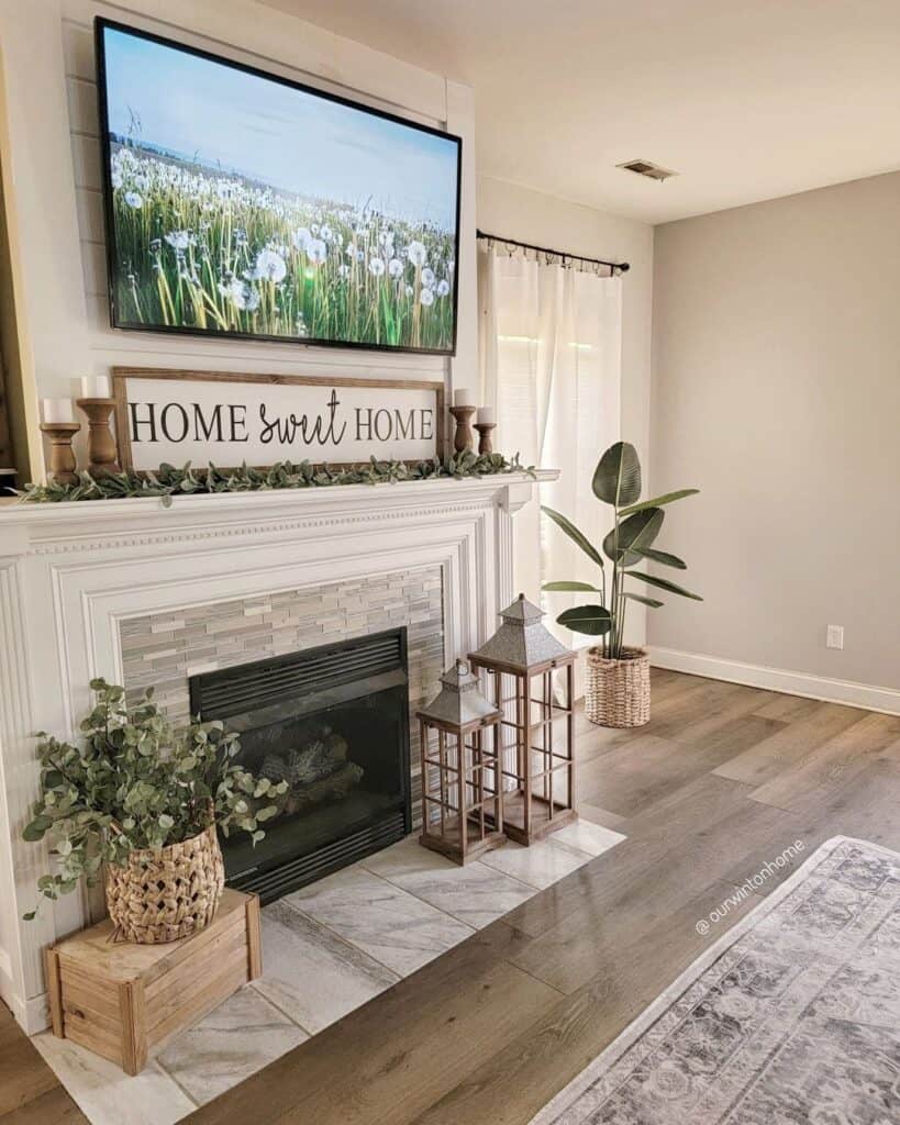 White and gray fireplace with tile hearth in living room painted in Sherwin-William Agreeable Gray