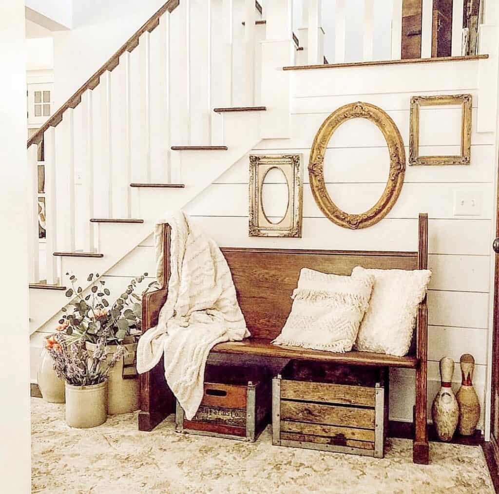 Antique Stained Wood Entryway Bench