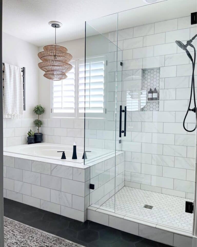 Bathroom with Marble Tile Tub and Shower