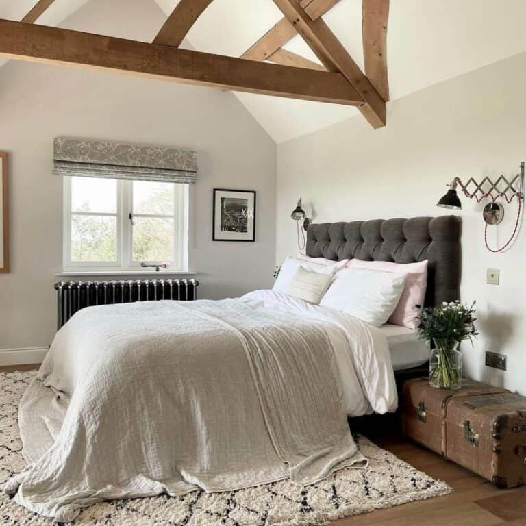 Bedroom with Wood Trussed White Ceiling