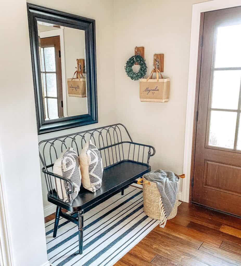 Black Metal and Painted Wood Entryway Bench