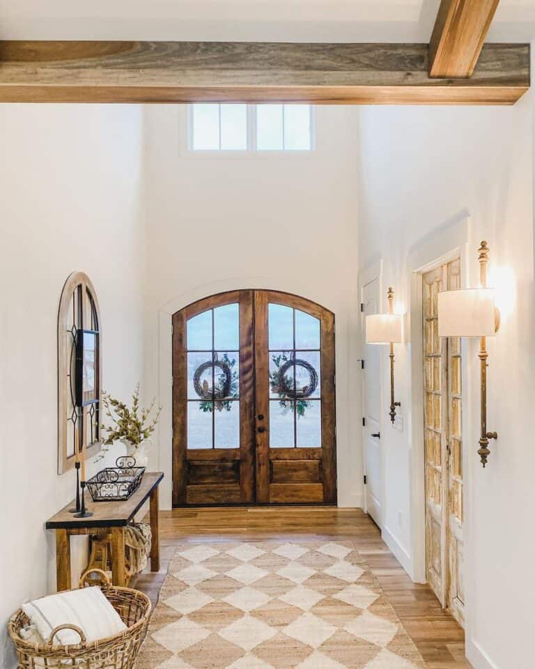 Brass Entryway Sconces With Beige Shades