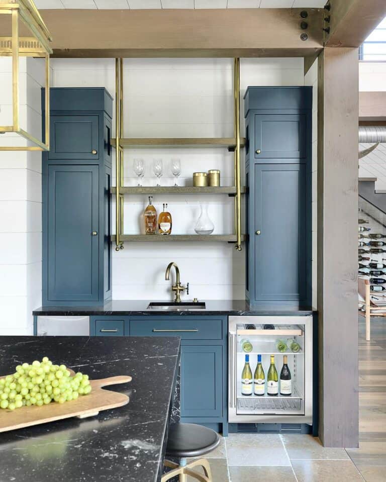Blue Kitchen Bar with Brass Hardware