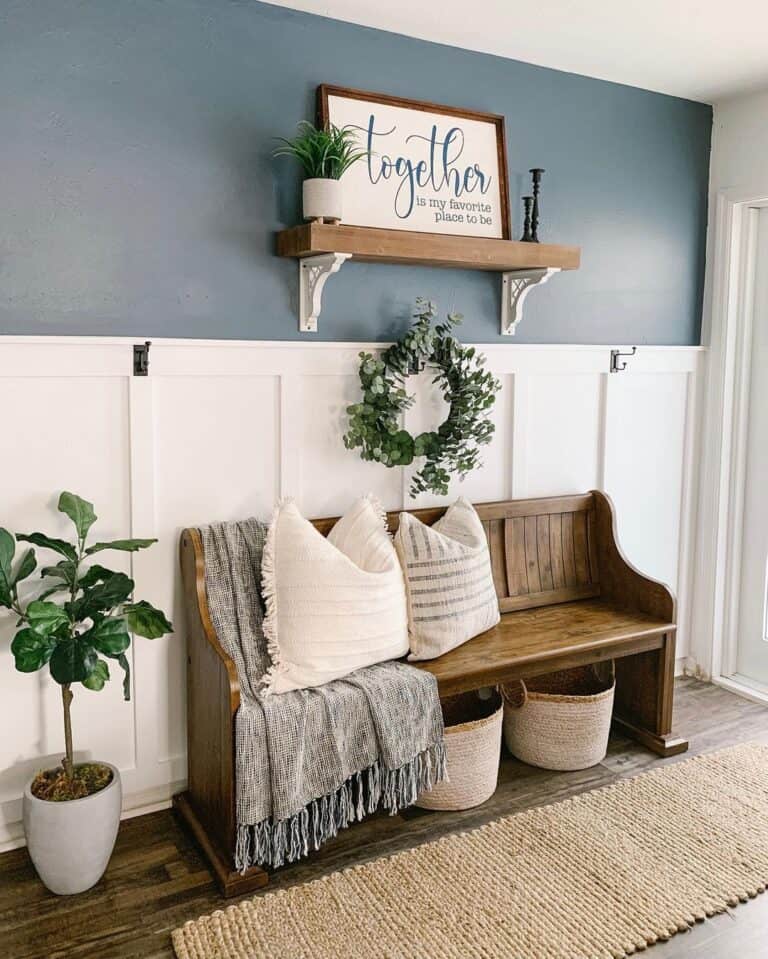 Dark Wood Entryway Bench With Off-White Storage Baskets