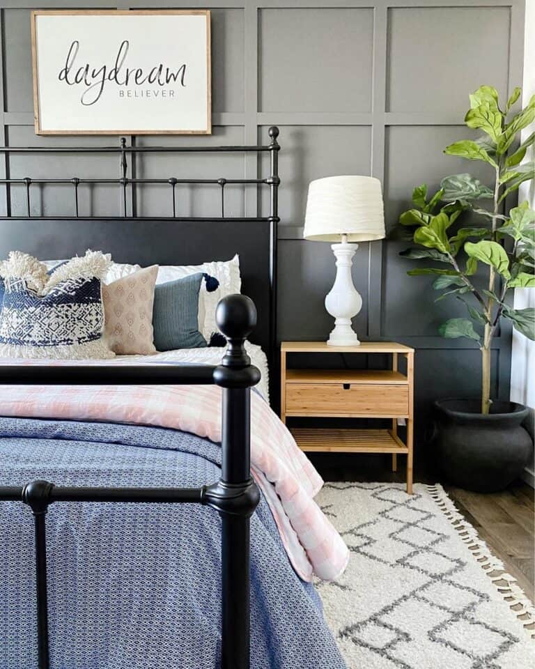 Gray Board and Batten Bedroom with White Lamp