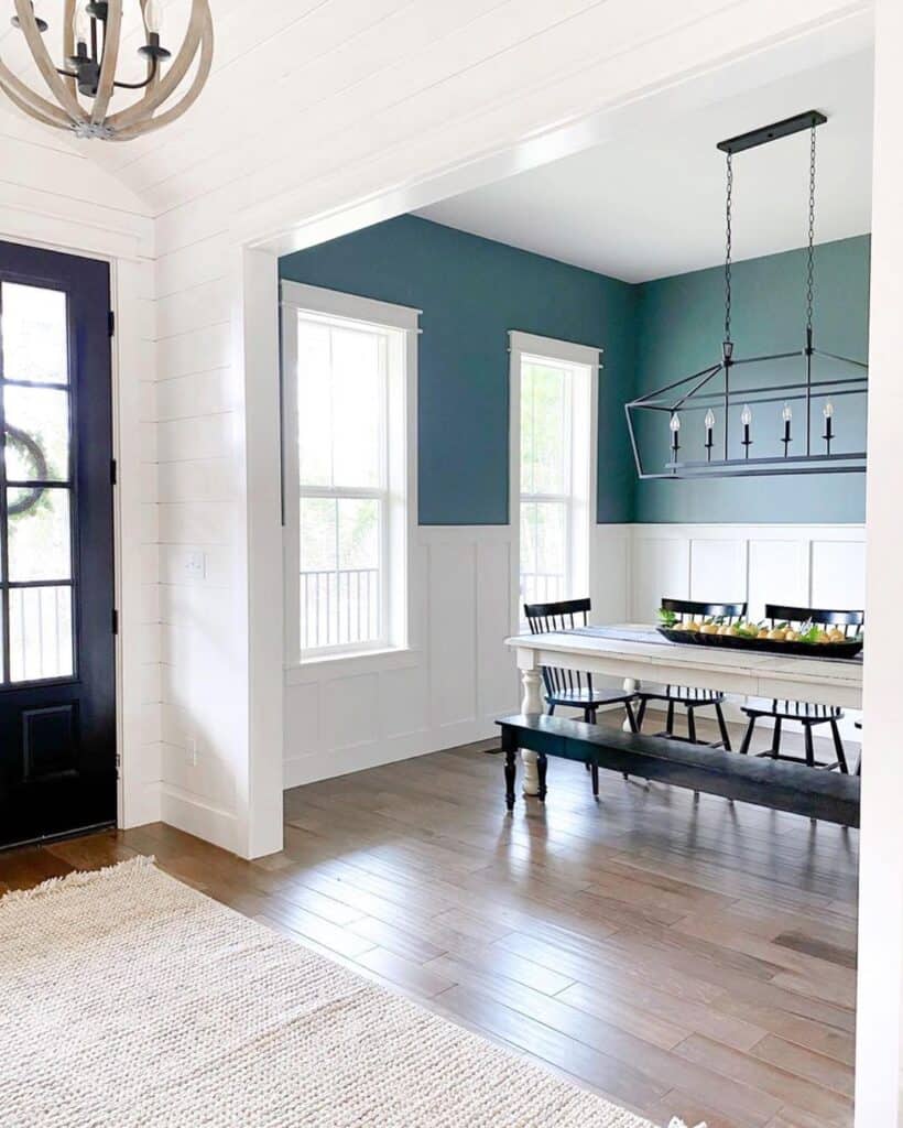 Blue Dining Room Walls with White Wainscoting
