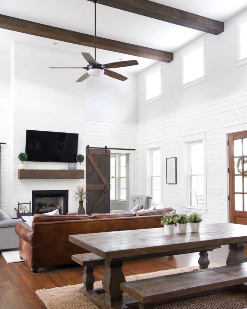 Dark Wood Ceiling Fan on Ceiling Beam