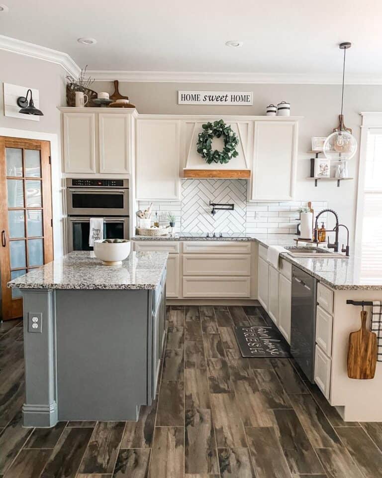 Electrical Outlet on Gray Kitchen Island Pilaster