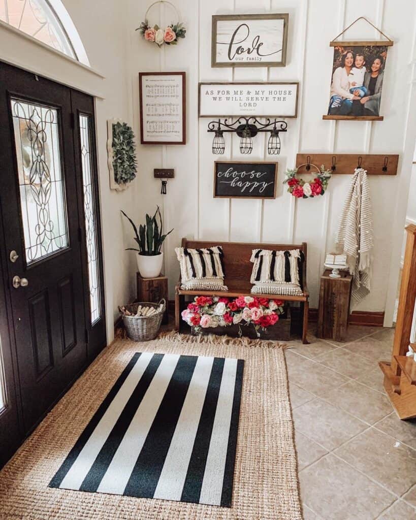Entryway with Black and White Striped Mat