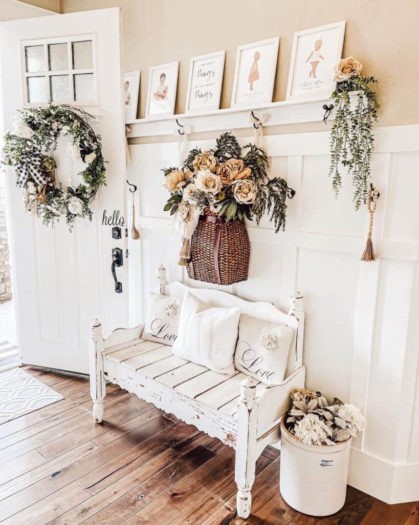 Rustic white sales entryway bench