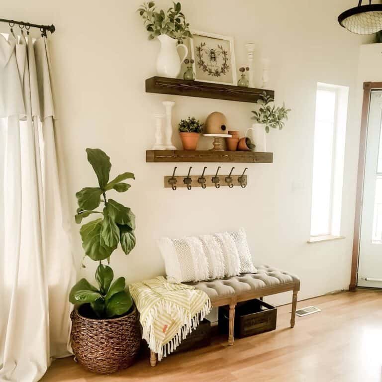 Farmhouse Entryway with Floating Wood Shelves