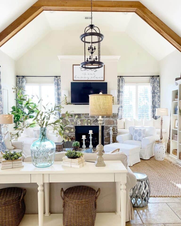 A Splash of Green for a Wood & White Living Room