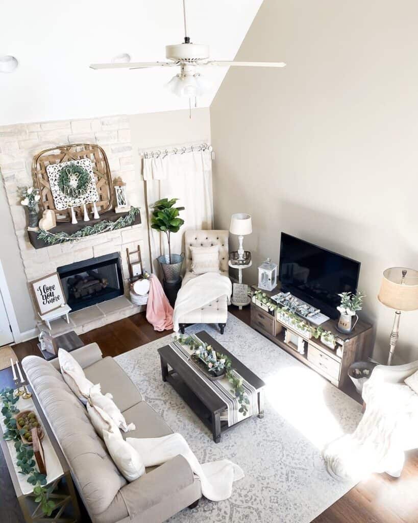 Farmhouse Living Room with White Ceiling Fan