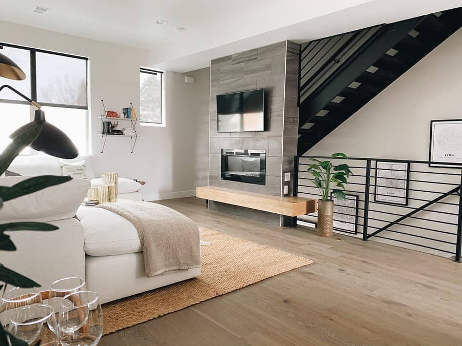 Floor to Ceiling Gray Stone Electric Fireplace