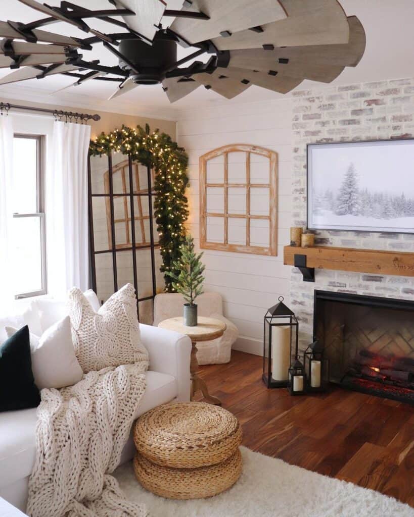 Floor to Ceiling Whitewashed Brick Fireplace
