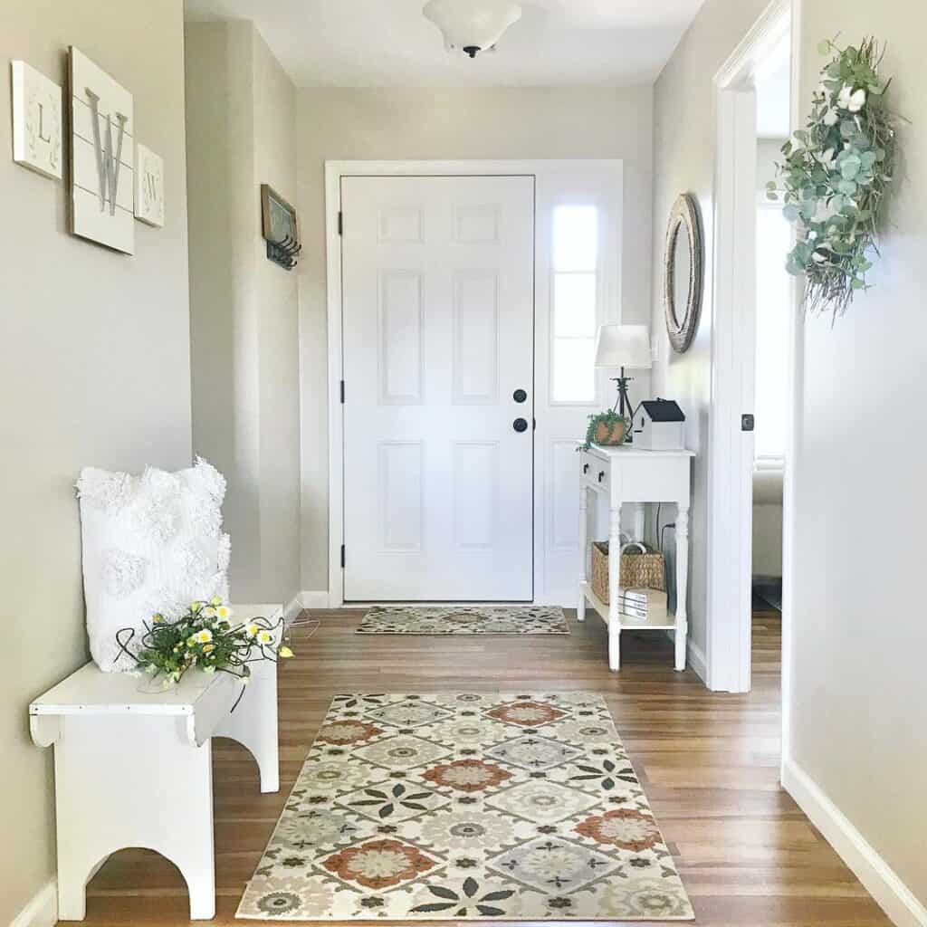 Foyer with White Painted Wood Bench