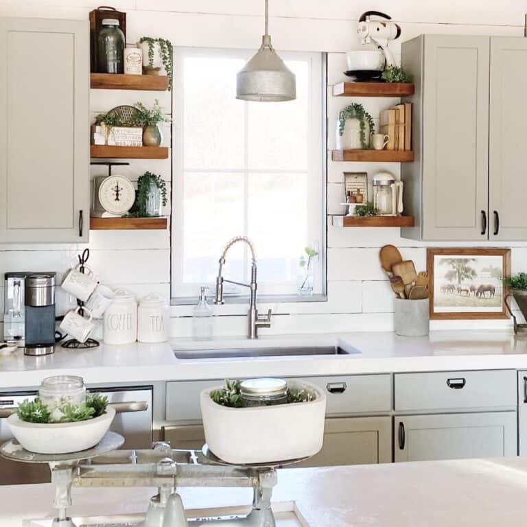 Farmhouse Kitchen With Light Wood Floating Shelves