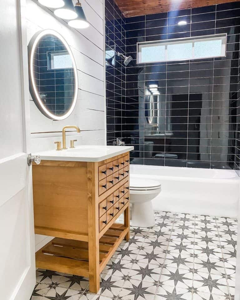 Glossy Black Tile Shower with White Bathtub