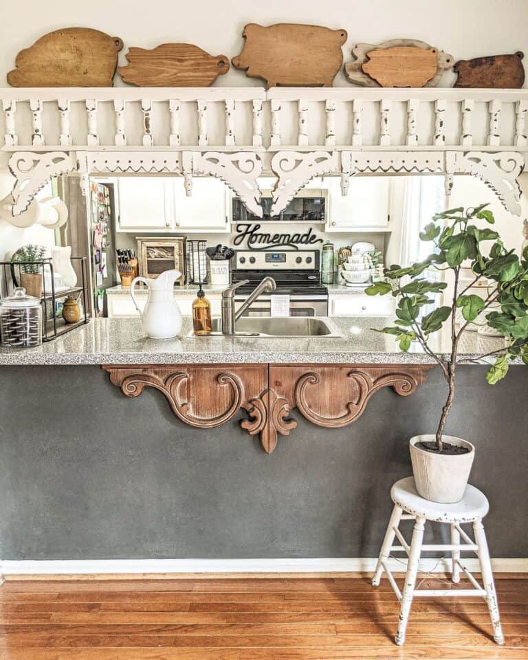 Gray Kitchen Counter with Decorative Wood Corbels