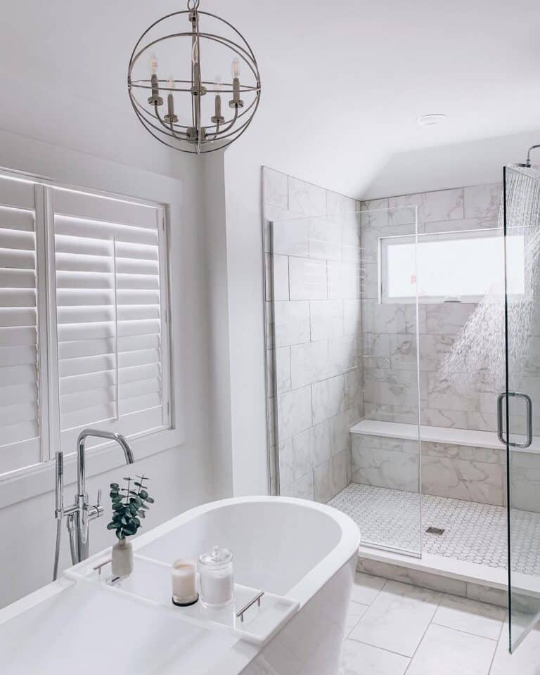 Gray Marble Shower with Built-in Bench