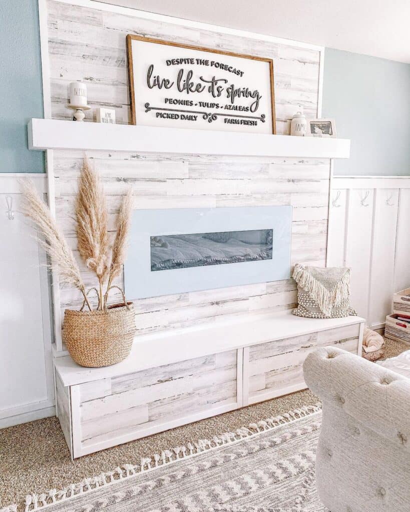 Light Blue Linear Fireplace With a Mantel