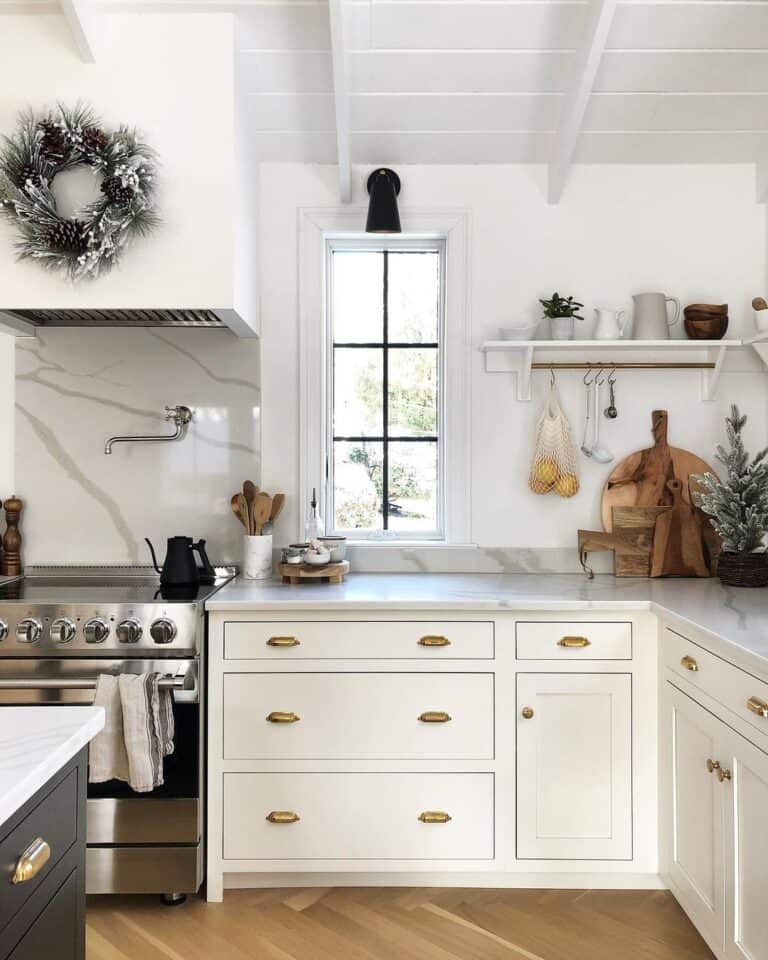 Ivory Kitchen Cabinets with Brass Hardware