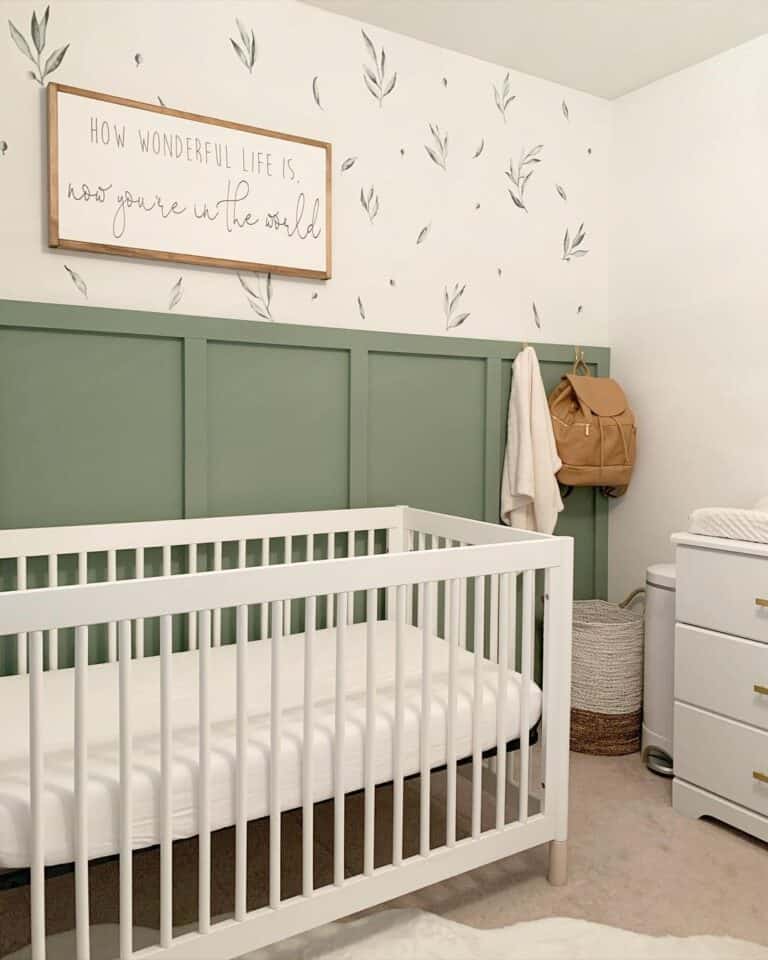 White Nursery Wallpaper With Green Wainscoting
