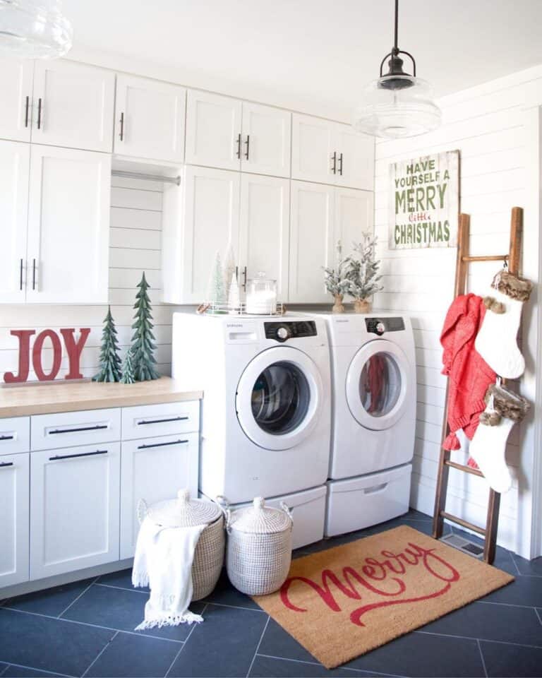 White Laundry Room Cabinets with White Shiplap