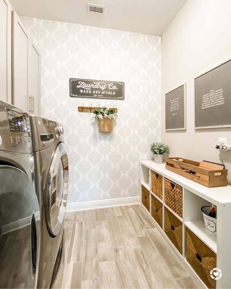 Laundry Room with White and Gray Wallpaper