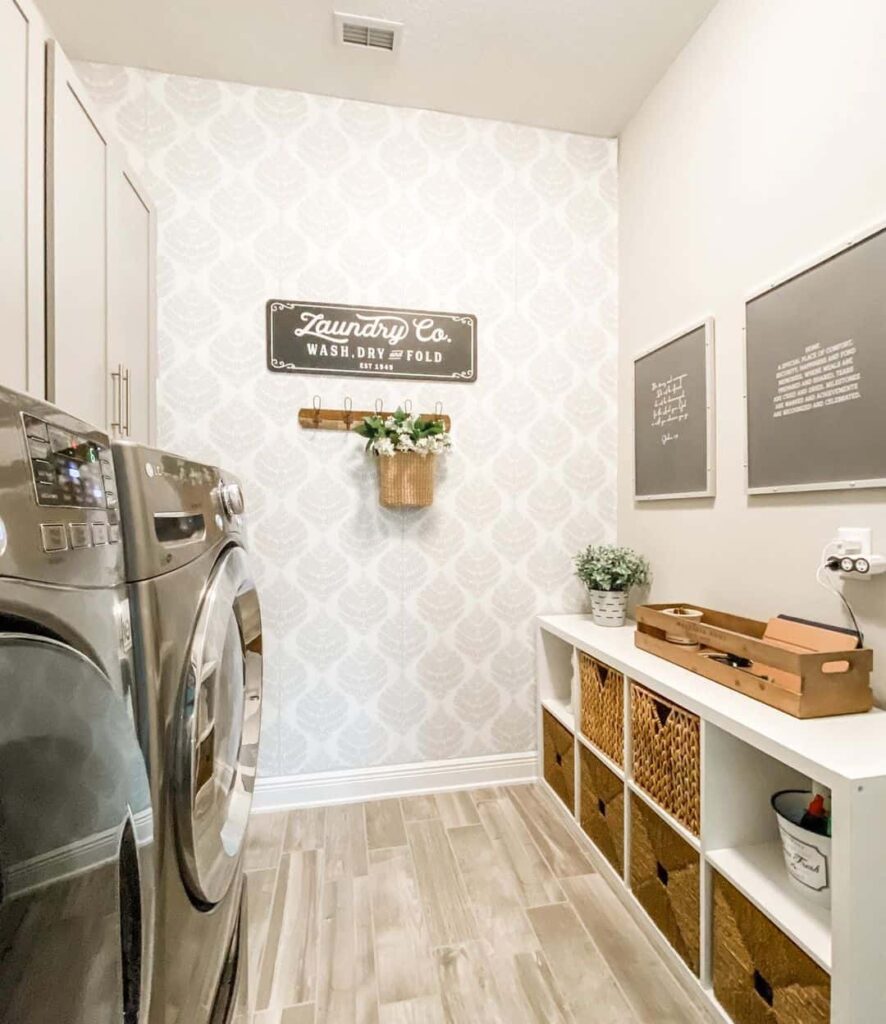 Laundry Room with White and Gray Wallpaper