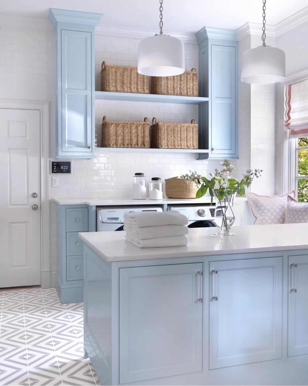 Light Blue Laundry with White Countertop Soul & Lane