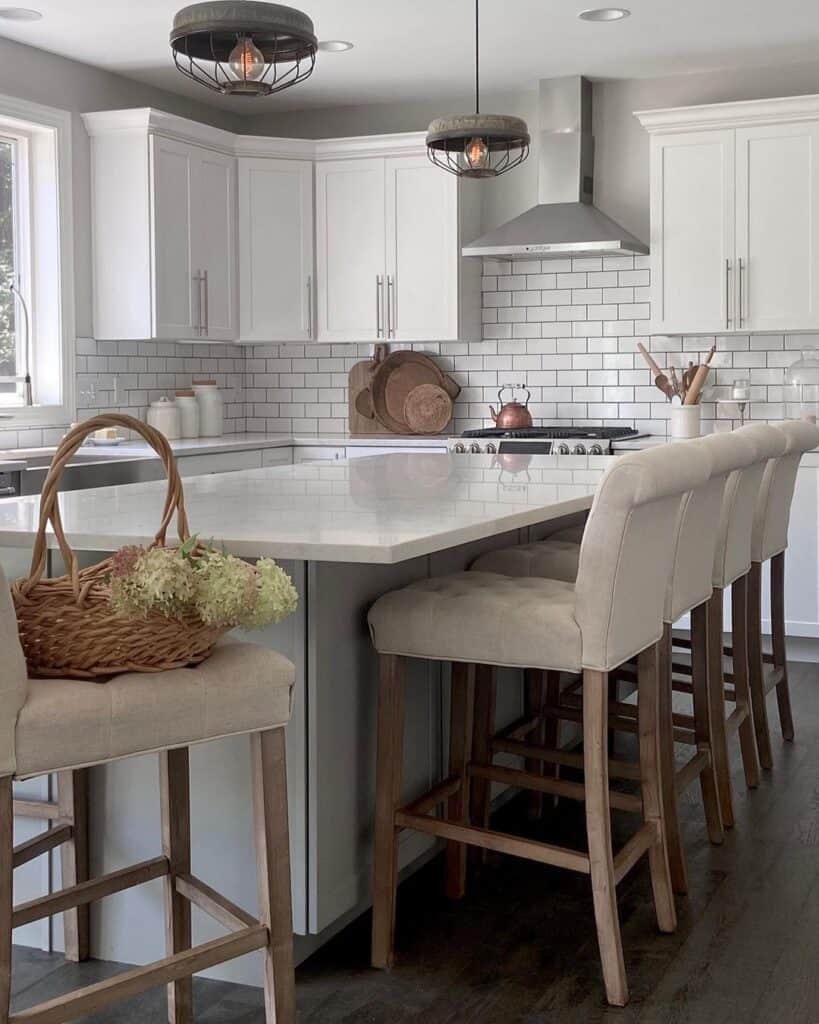 Light Gray Kitchen Island with Upholstered Seating