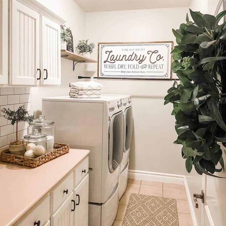 Light Pink Countertop in Farmhouse Laundry Room