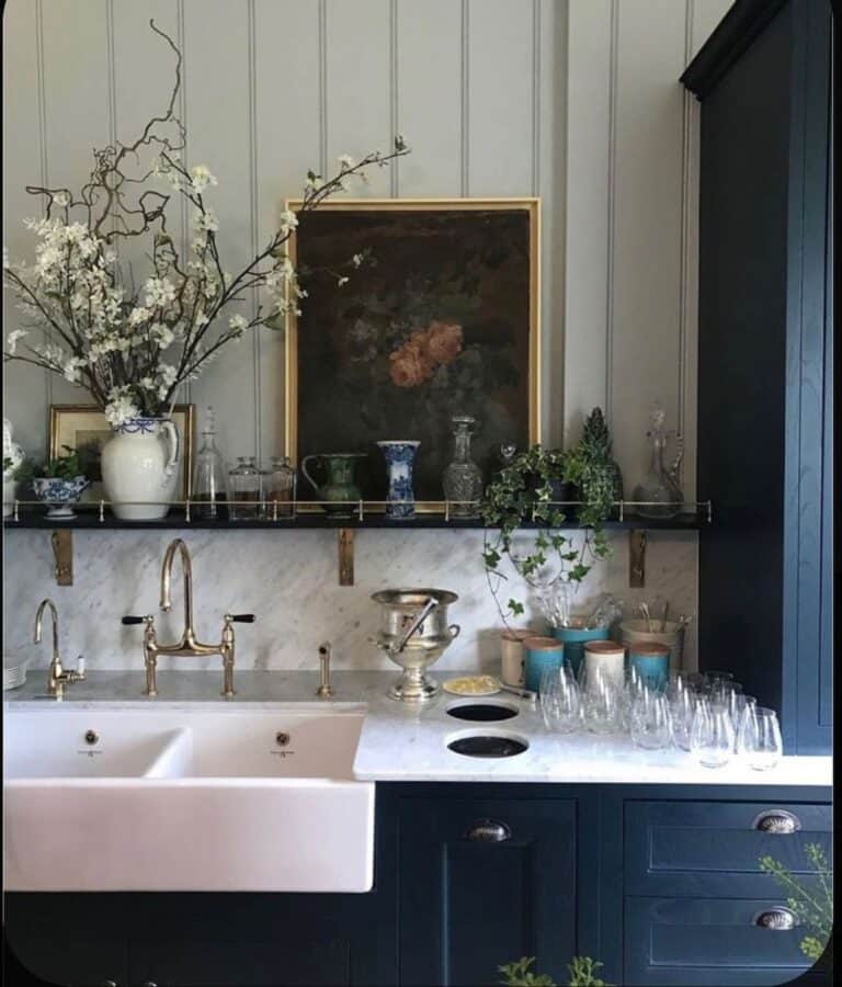 Navy Cabinets with White Apron Sink