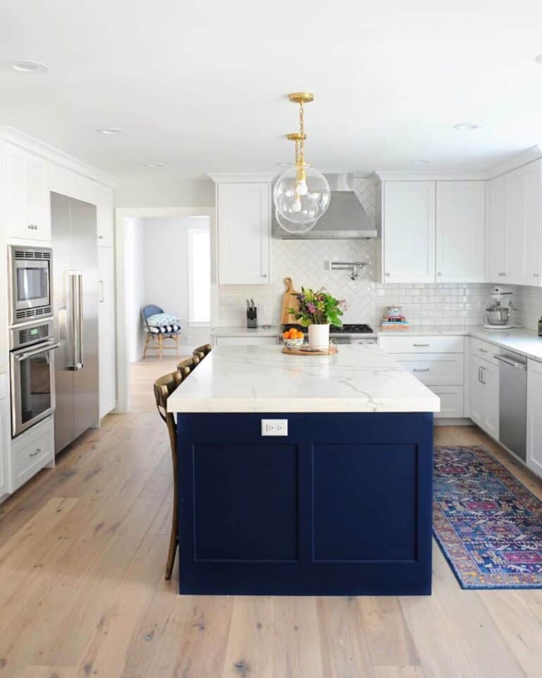 Navy Kitchen Island with White Marble Countertop