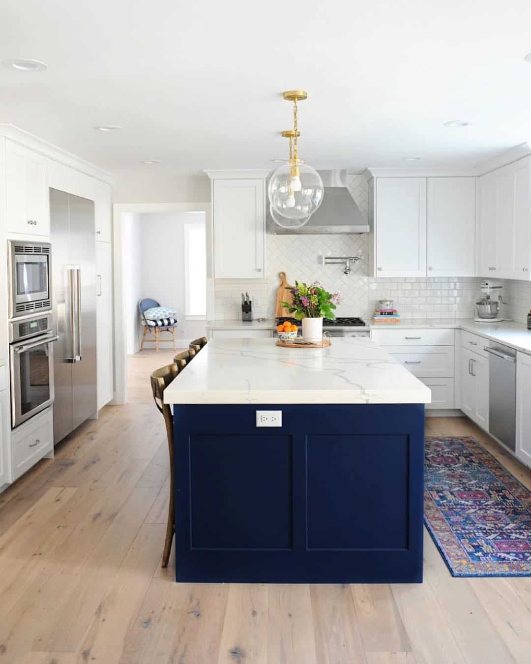 Navy Kitchen Island with White Marble Countertop Soul & Lane