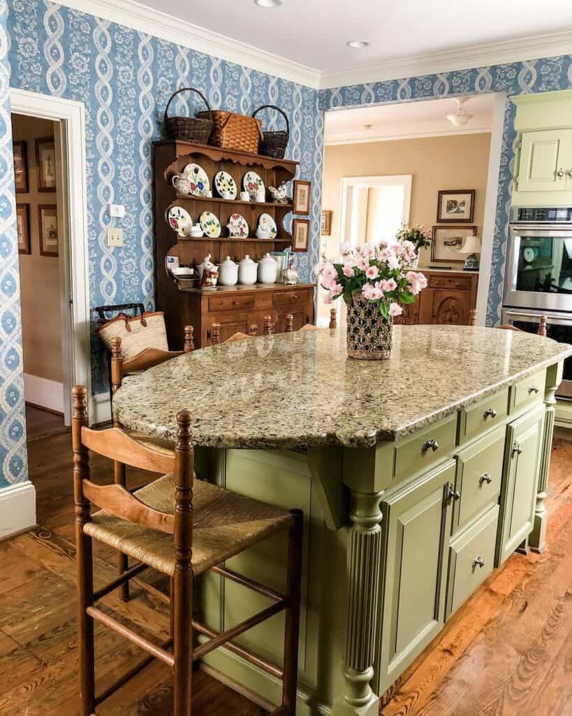 Blue and White Wallpaper Kitchen with Buffet