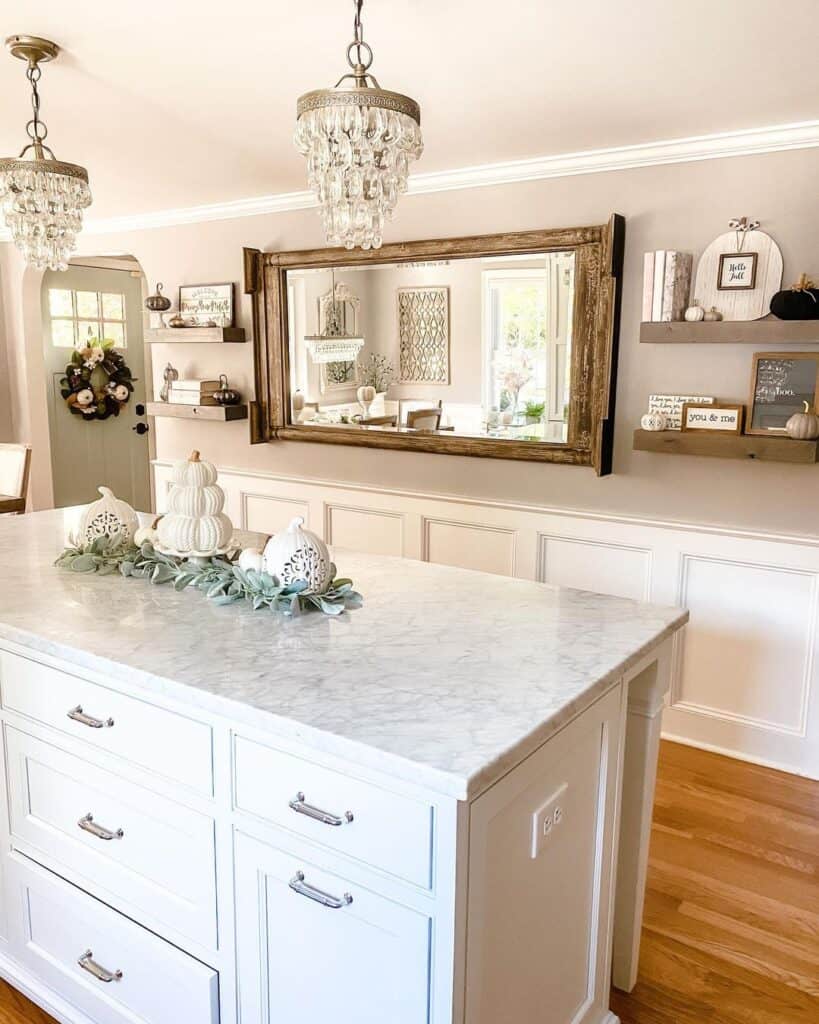 Polished Nickel Pulls on White Kitchen Island