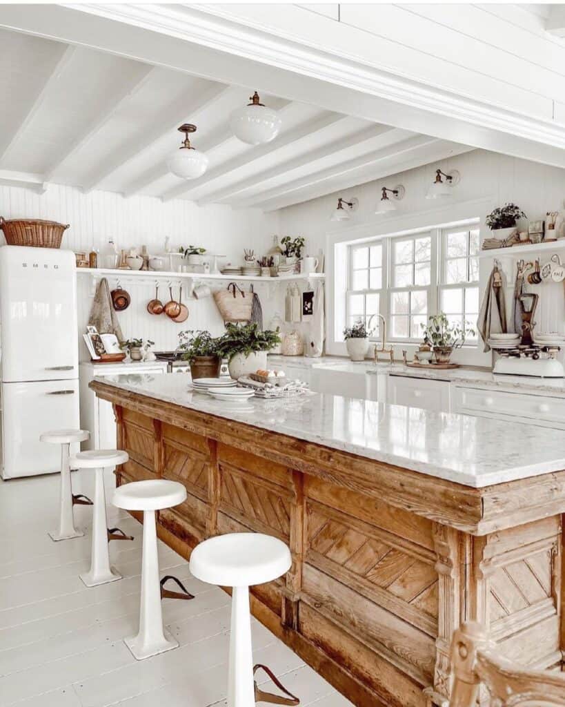 White Kitchen with Vintage Counter Stools