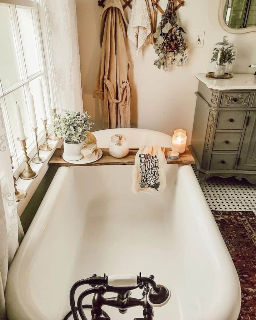 Rustic Stained Wood Tray on Freestanding Bathtub
