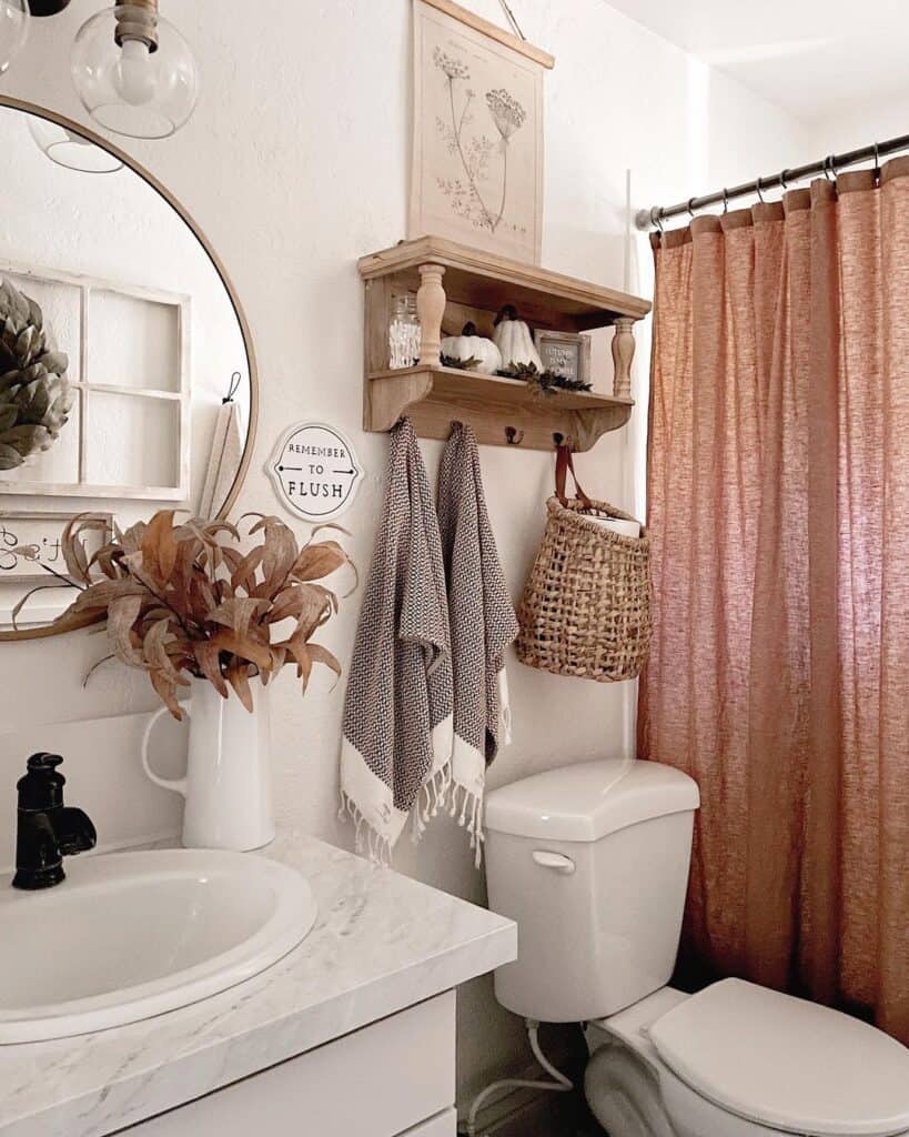 Salmon Pink Shower Curtain Next to Toilet
