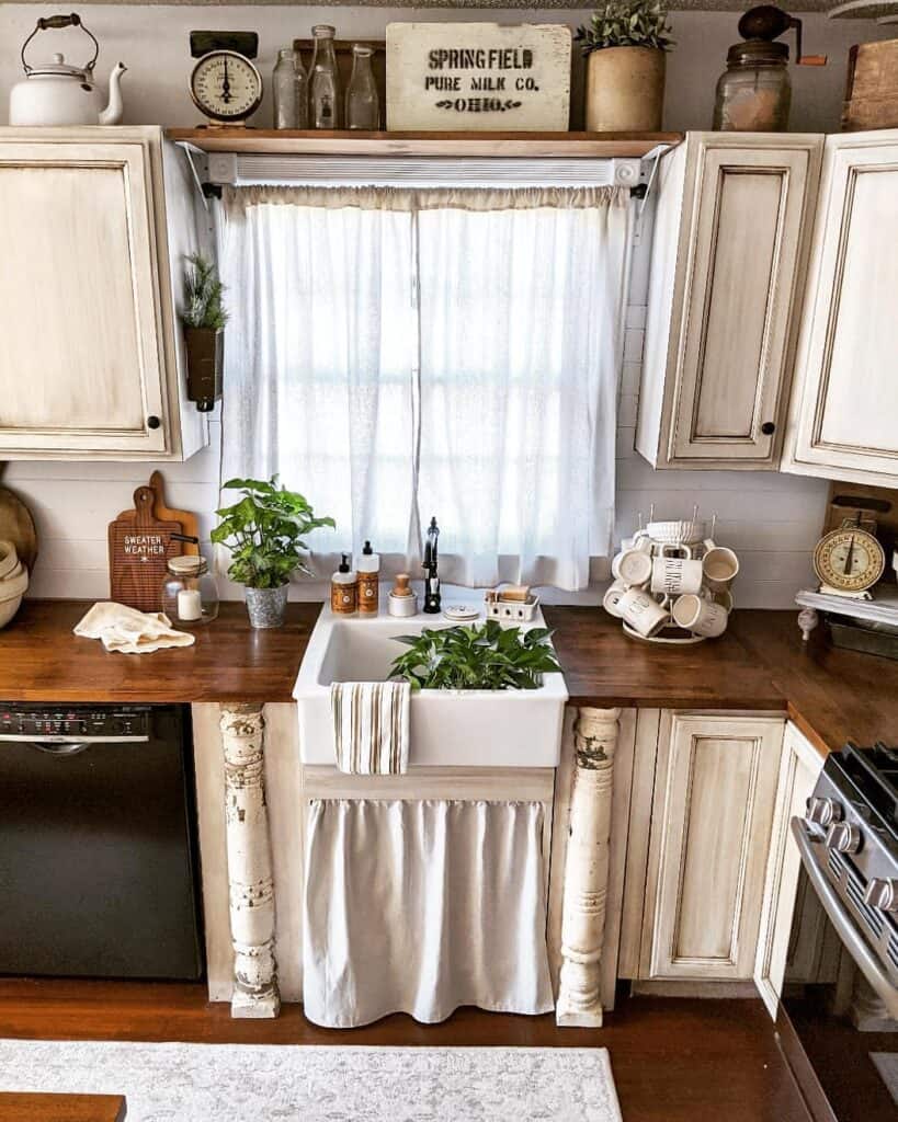 Sheer White Curtain Above Apron Sink