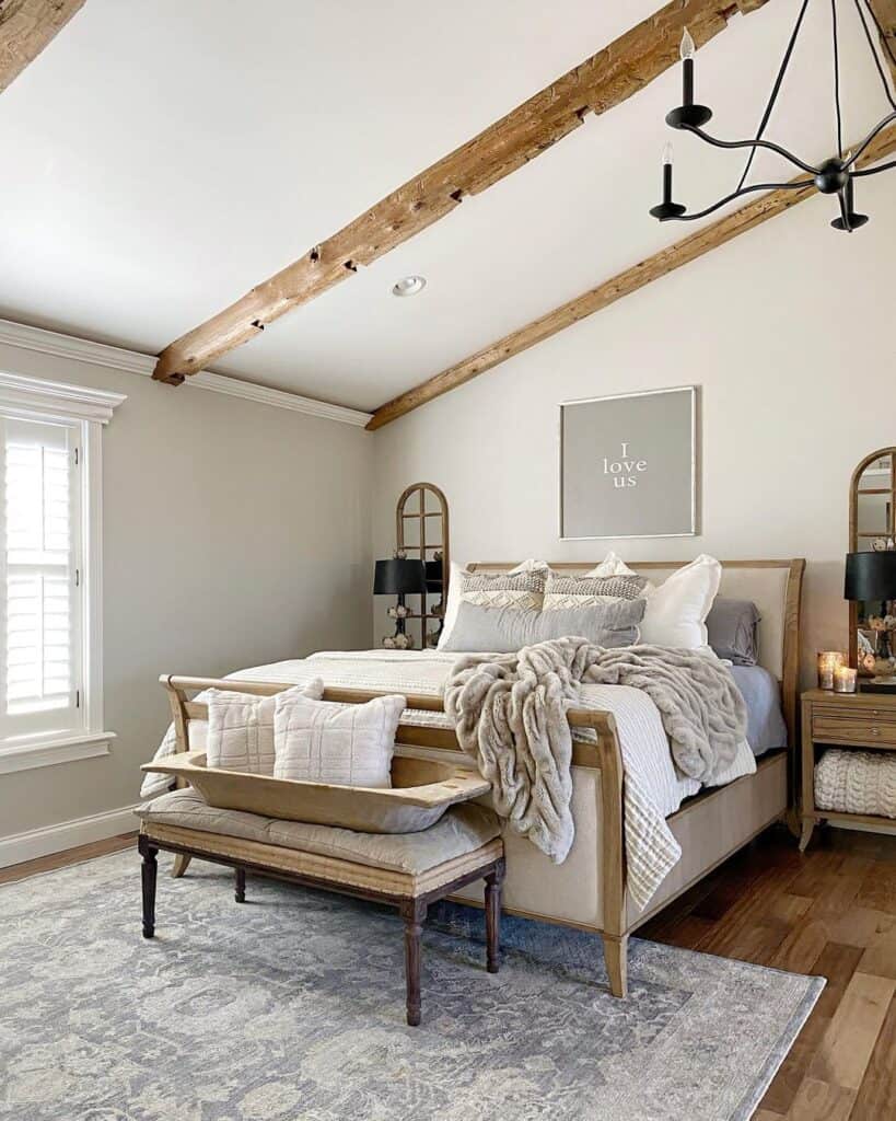 Sloped Ceiling with Hand-hewn Wood Beams