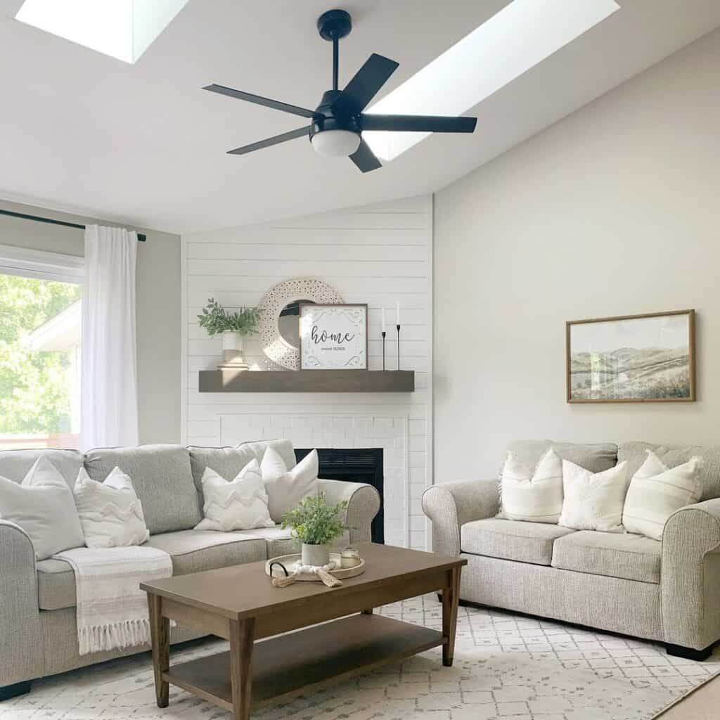 Sloped Ceiling with Skylights and Black Fan