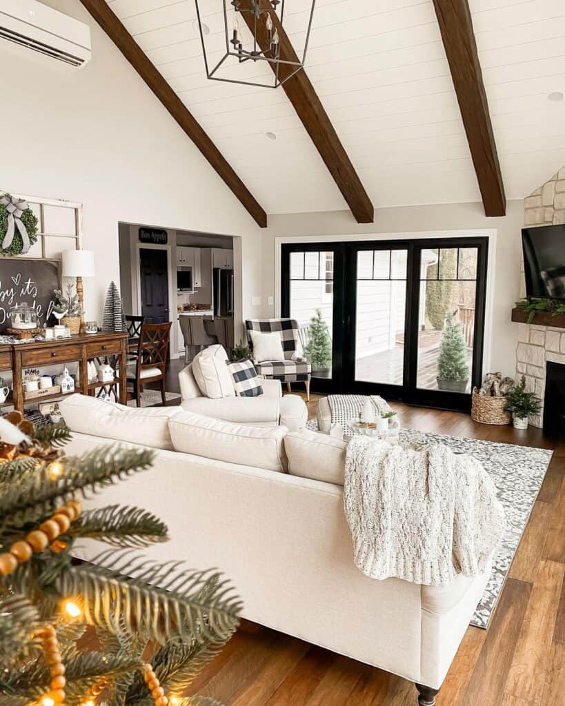 Sloped Shiplap Ceiling with Dark Wood Beams