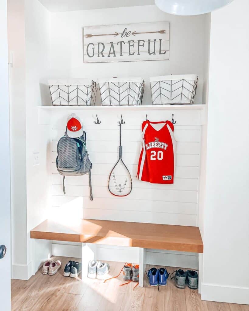 White Mudroom Ideas With Shiplap Wall